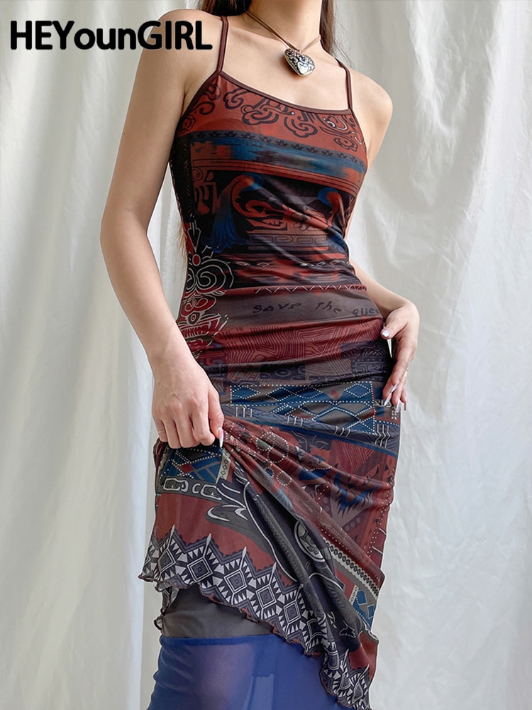 HEYounGIRL Vintage Mesh Long Dress Abstract Print Y2K Sleeveless Ankle-Length Women Dresses Strap Backless Holiday Dress 2000s