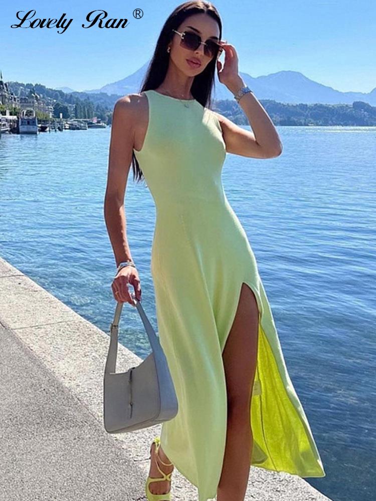 Knitted Split Midi Women Dress Sexy Slim Sleeveless Hip Package Dresses Female 2023 Spring Summer Fashion Solid Ladies Vestido